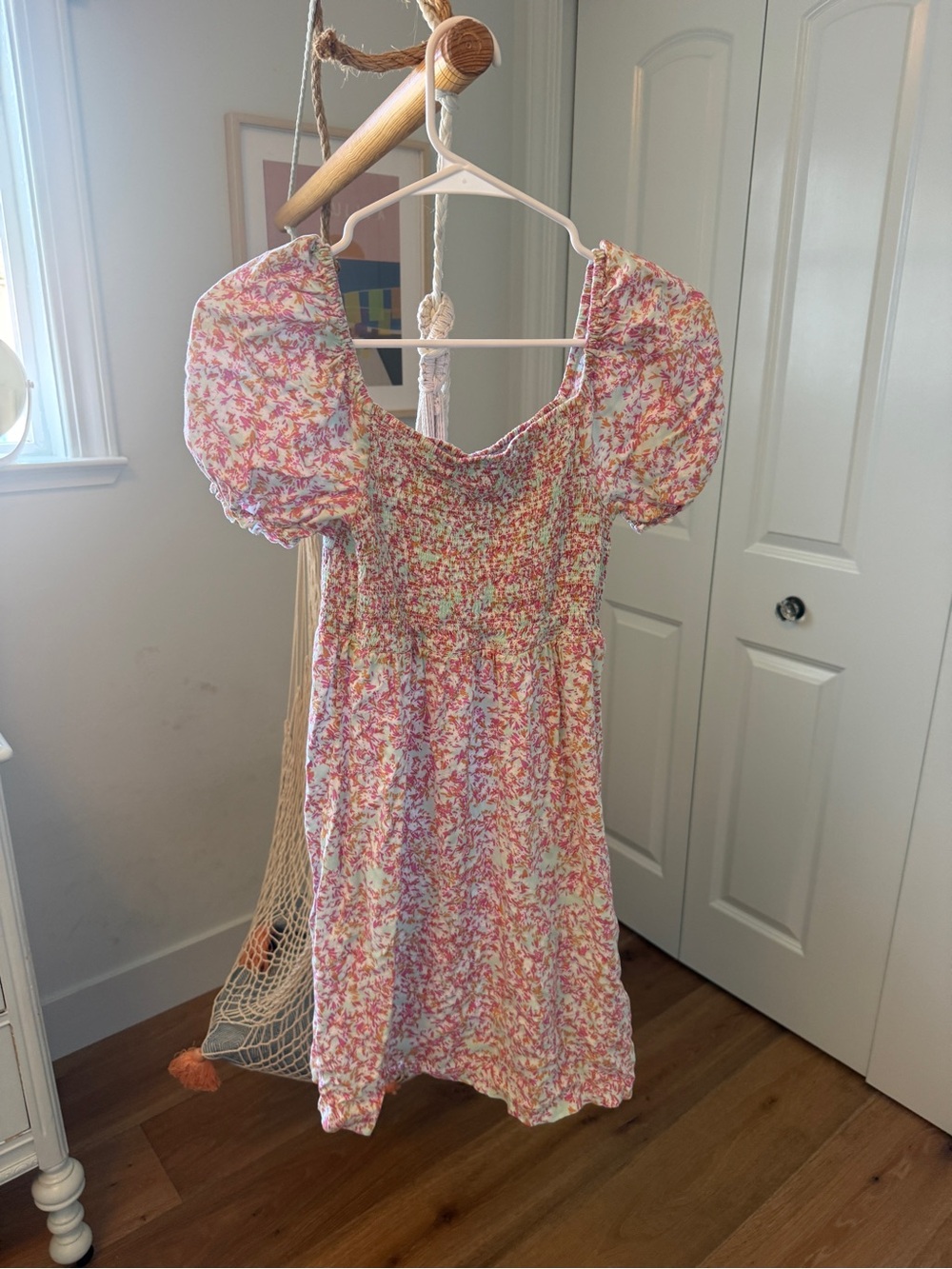 Roxy Pink Multi Floral Smocked Puff-Sleeve Dress